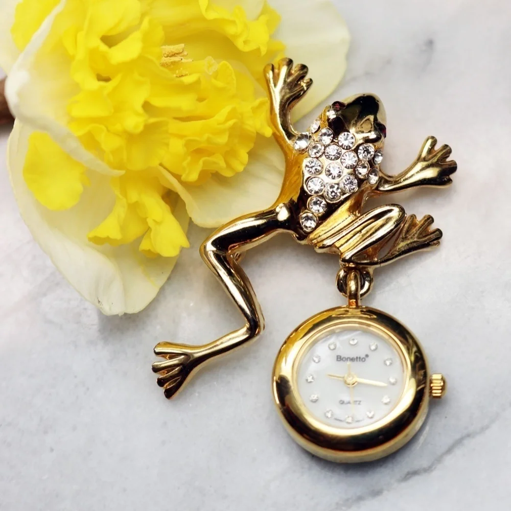 Vintage Bonetto Crystal Frog Watch Brooch
